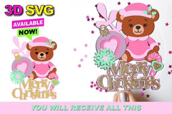 Bear Pink Christmas Topper 3D SVG