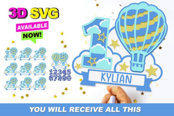 Hot Air Balloon Numbers Topper 3D SVG for Shadow Boxes