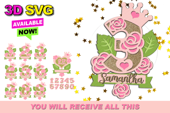 Roses Numbers Topper 3D SVG